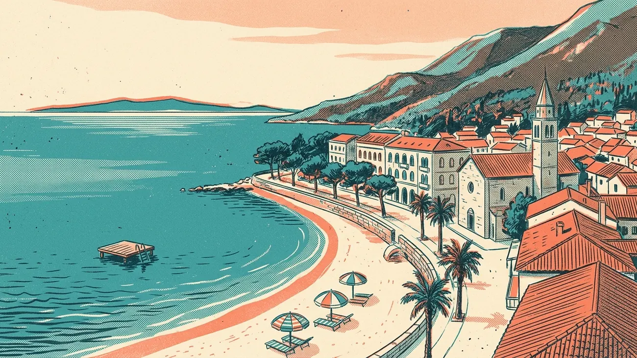 Ilustrácia v štýle rizografickej tlače v tyrkysovej, koralovej a krémovej farbe: piesočnatá pláž s drevenou plošinou pod promenádou, zvonica kostola a zalesnené svahy nad zálivom Crikvenice.