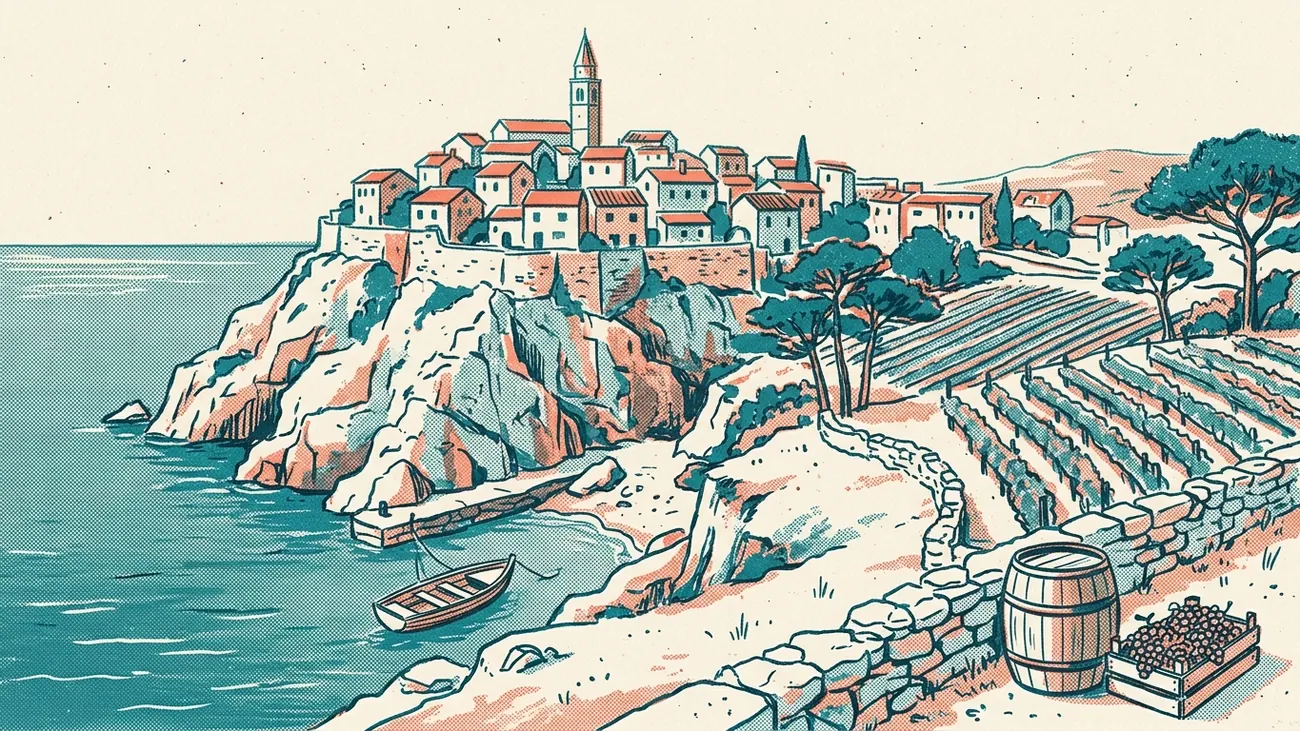 Illustration im Stil der Risografie in Türkis, Koralle und Creme: Das Städtchen Vrbnik auf einer Felsklippe über dem Meer, davor Weinreihen, eine Trockenmauer und ein Holzfass.