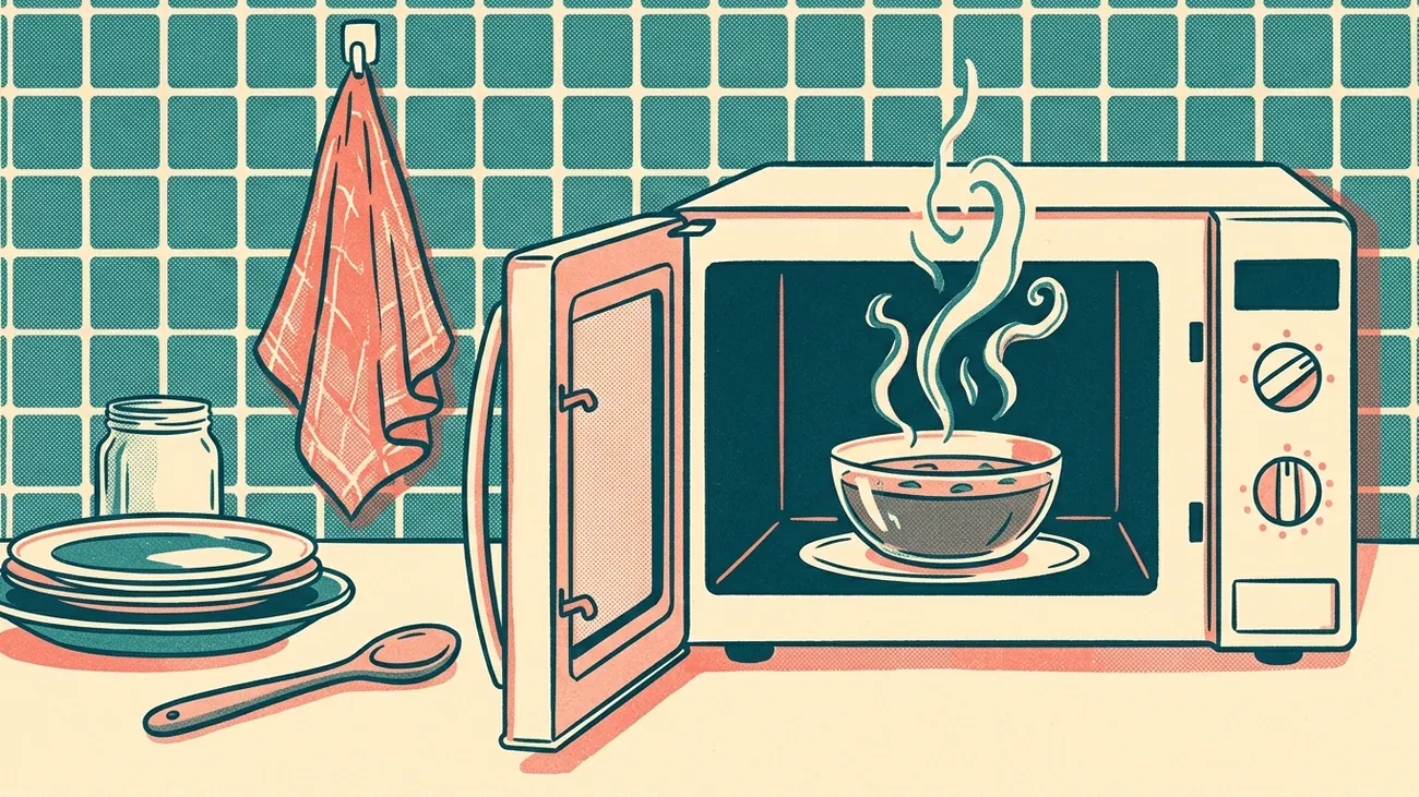 Rizografická ilustrácia v tyrkysovej, koralovej a krémovej farbe: mikrovlnná rúra na kuchynskej linke so sklenenou miskou jedla vo vnútri, ploché plochy so zrnom tlače.
