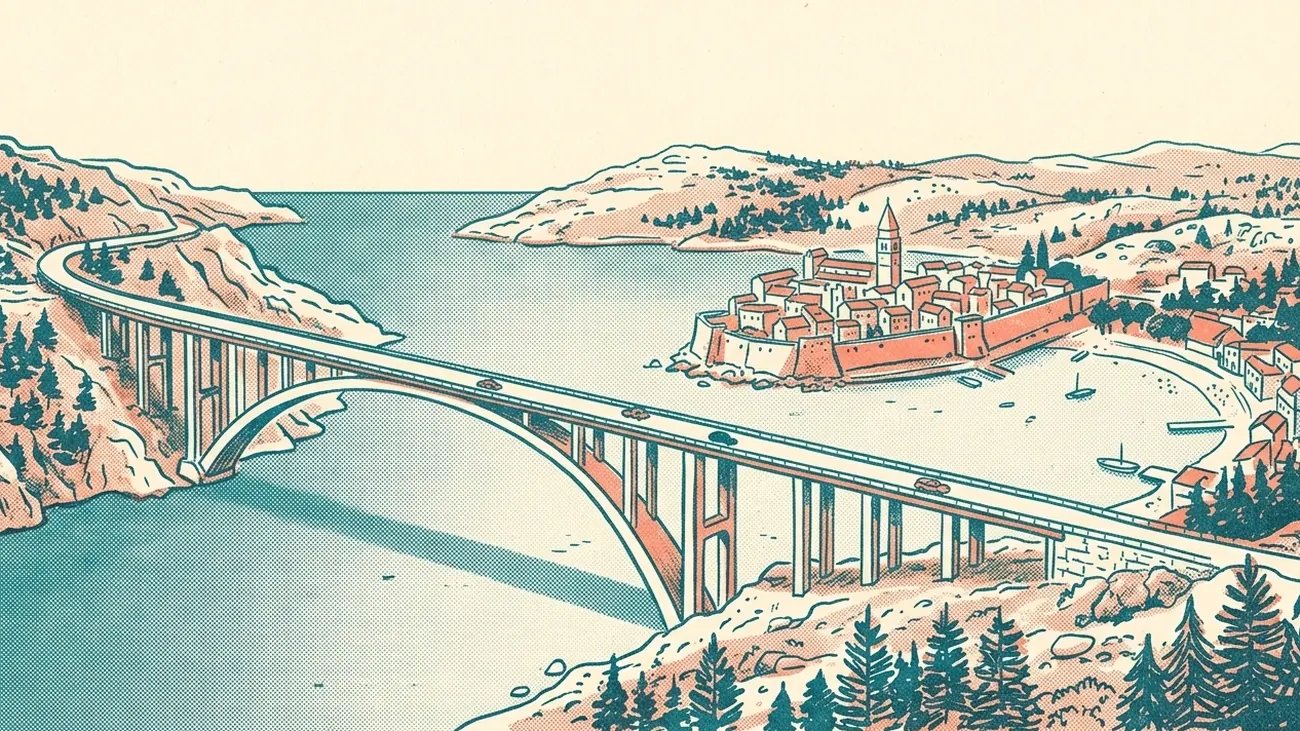 Ilustrácia v štýle rizografickej tlače v tyrkysovej, koralovej a krémovej farbe: Krčský most nad úžinou a ostrov Krk s kamenným mestom a zálivom v pozadí.