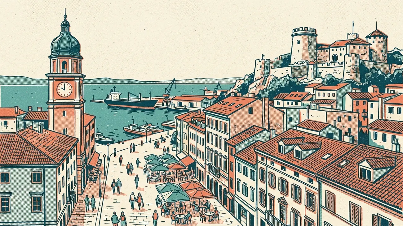 Ilustrácia v štýle rizografickej tlače v tyrkysovej, koralovej a krémovej farbe: mestská veža na Korze v Rijeke a hrad Trsat nad Kvarnerským zálivom.