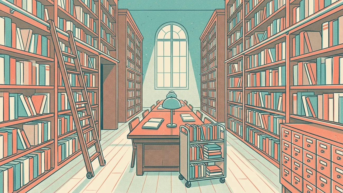 Illustration im Stil eines Risographiedrucks in Türkis, Koralle und Creme: Lesesaal einer Universitätsbibliothek mit Bücherregalen, Rollleiter, Zettelkatalog und langem Lesetisch vor einem Bogenfenster.