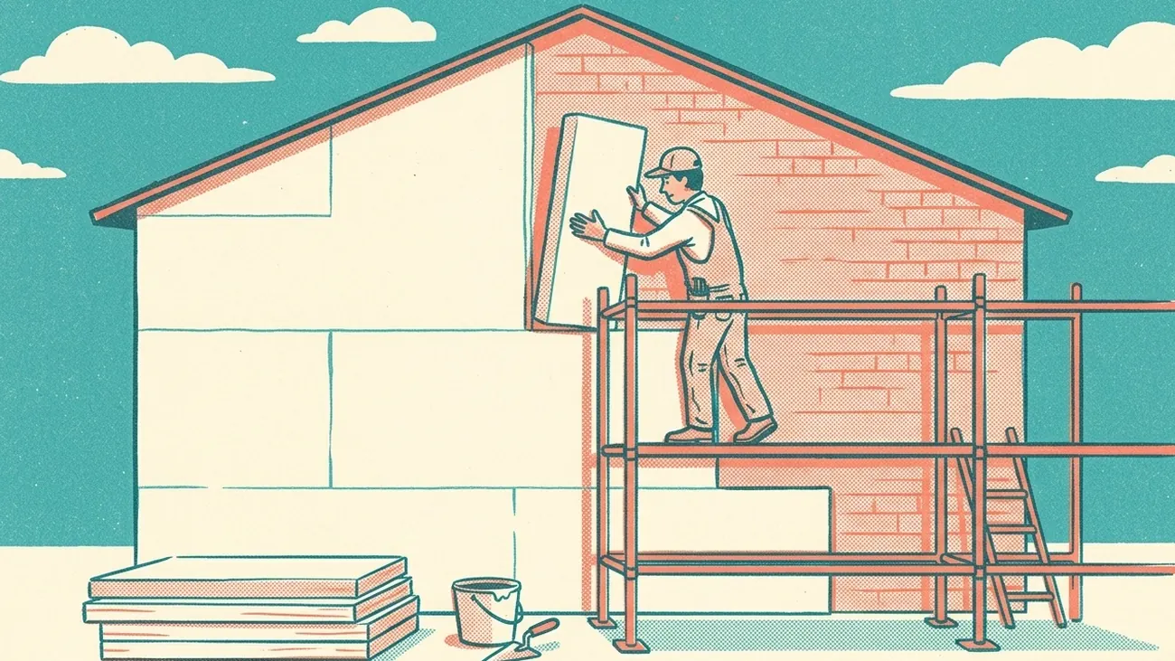 Rizografická ilustrácia v tyrkysovej, koralovej a krémovej farbe: zateplenie domu, remeselník kladie izolačné dosky na fasádu rodinného domu, ploché plochy so zrnom tlače.