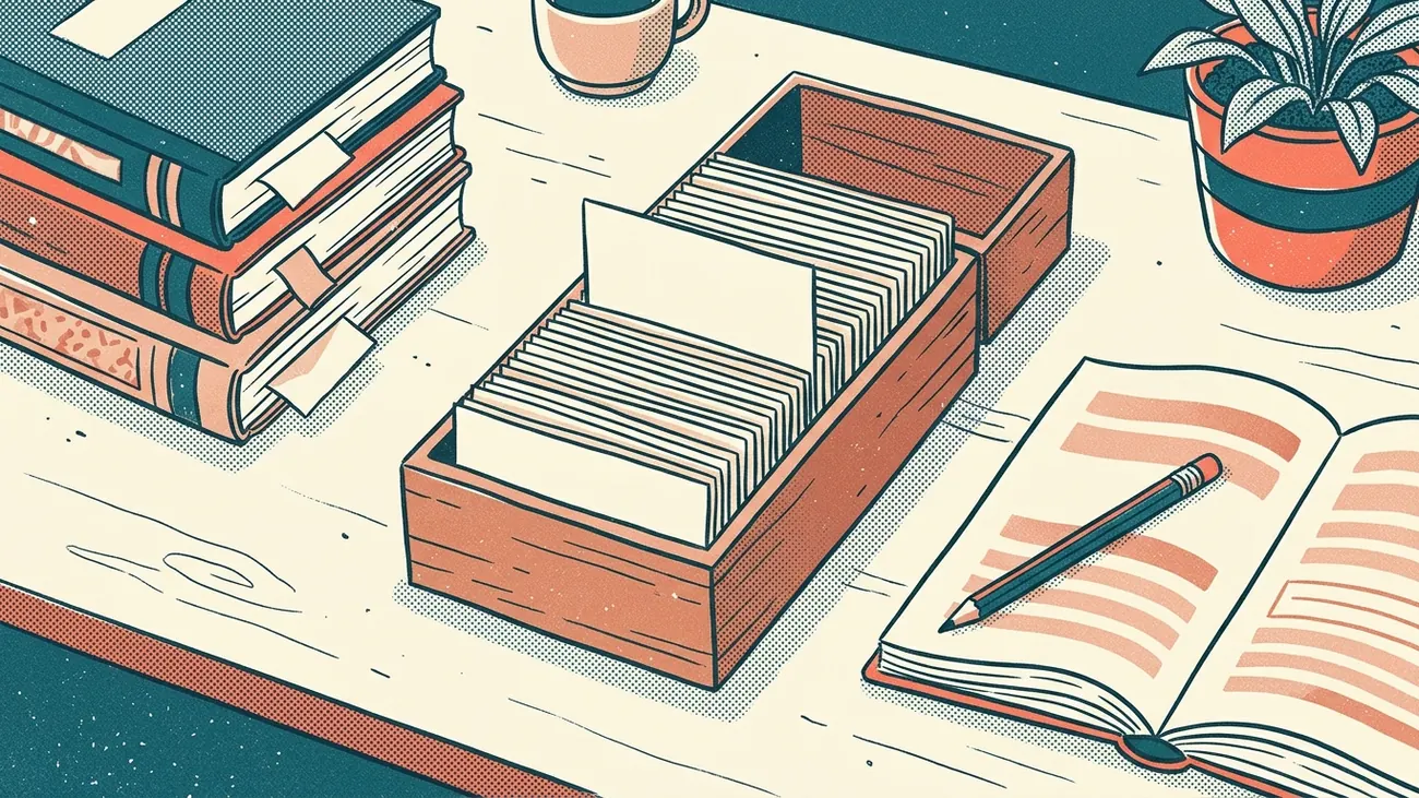 Illustration im Stil eines Risographie-Drucks in Türkis, Koralle und Creme: Schreibtisch mit offenem Karteikasten, Bücherstapel mit Lesezeichen, aufgeschlagenem Buch und Bleistift.