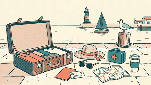 Ilustrácia v štýle rizografickej tlače v tyrkysovej, koralovej a krémovej farbe: cestovné poistenie na dovolenke, pas, preukaz poistenca a kufor pri prístavnej promenáde.