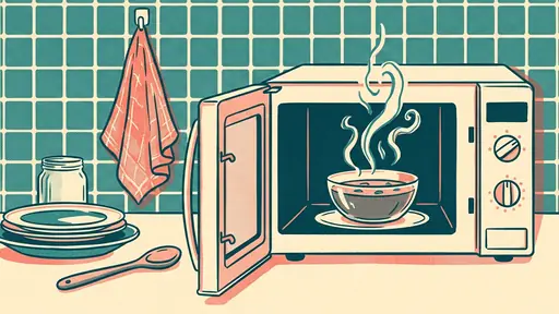 Rizografická ilustrácia v tyrkysovej, koralovej a krémovej farbe: mikrovlnná rúra na kuchynskej linke so sklenenou miskou jedla vo vnútri, ploché plochy so zrnom tlače.
