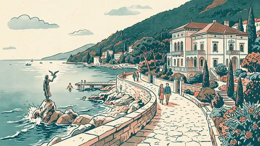 Ilustrácia v štýle rizografickej tlače v tyrkysovej, koralovej a krémovej farbe: promenáda Lungomare v Opatiji so secesnou vilou a kamennou plážou pod svahom Učky.