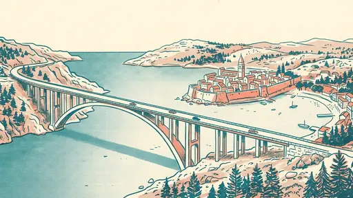 Ilustrácia v štýle rizografickej tlače v tyrkysovej, koralovej a krémovej farbe: Krčský most nad úžinou a ostrov Krk s kamenným mestom a zálivom v pozadí.