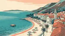Ilustrácia v štýle rizografickej tlače v tyrkysovej, koralovej a krémovej farbe: piesočnatá pláž s drevenou plošinou pod promenádou, zvonica kostola a zalesnené svahy nad zálivom Crikvenice.
