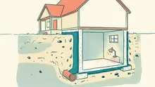 Rizografická ilustrácia v tyrkysovej, koralovej a krémovej farbe: hydroizolácia spodnej stavby, rez základom domu s vodotesnou vrstvou a vodou v zemine, ploché plochy so zrnom tlače.