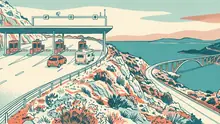 Illustration im Risographie-Stil in Türkis, Koralle und Creme: Mautstelle mit Schranken unter einem breiten Dach, dahinter eine Autobahn zu einer Bucht mit Insel und Bogenbrücke.