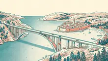 Ilustrácia v štýle rizografickej tlače v tyrkysovej, koralovej a krémovej farbe: Krčský most nad úžinou a ostrov Krk s kamenným mestom a zálivom v pozadí.