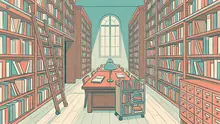 Illustration im Stil eines Risographiedrucks in Türkis, Koralle und Creme: Lesesaal einer Universitätsbibliothek mit Bücherregalen, Rollleiter, Zettelkatalog und langem Lesetisch vor einem Bogenfenster.