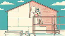 Rizografická ilustrácia v tyrkysovej, koralovej a krémovej farbe: zateplenie domu, remeselník kladie izolačné dosky na fasádu rodinného domu, ploché plochy so zrnom tlače.