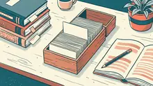 Illustration im Stil eines Risographie-Drucks in Türkis, Koralle und Creme: Schreibtisch mit offenem Karteikasten, Bücherstapel mit Lesezeichen, aufgeschlagenem Buch und Bleistift.